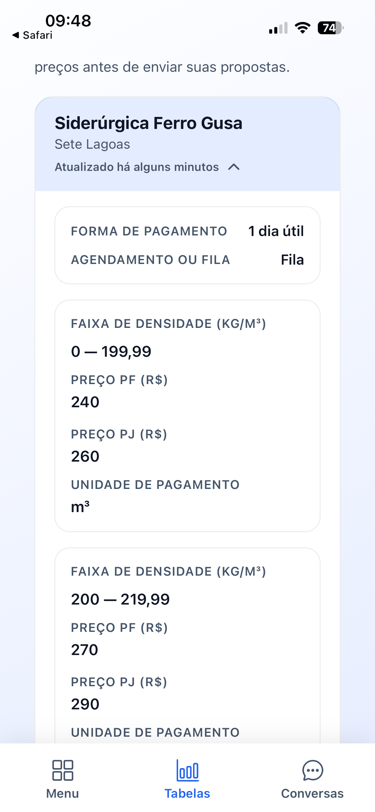 Interface mobile do Carvão Connect