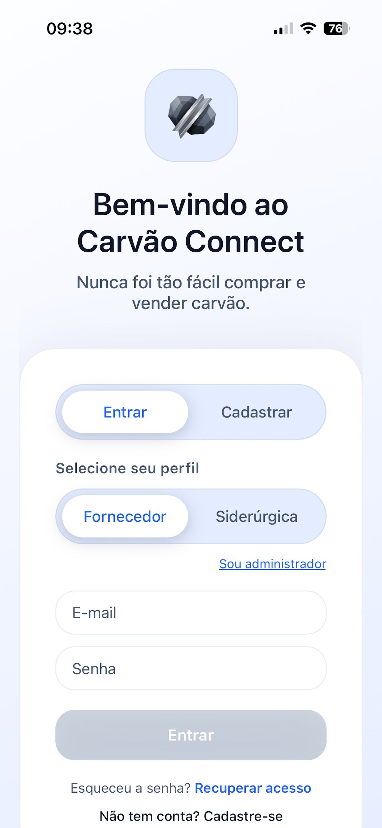 Tela de login do aplicativo Carvão Connect
